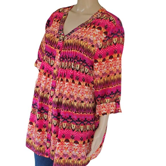NOTATIONS Tunic Top Women's XL Pullover V Neck Snap Tab Sleeves Aztec Floral - Picture 1 of 12